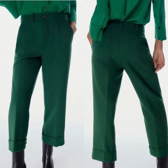 Zara Pants - ZARA Wide Leg Cropped Cuffed Trouser Pants in Emerald Green size Small